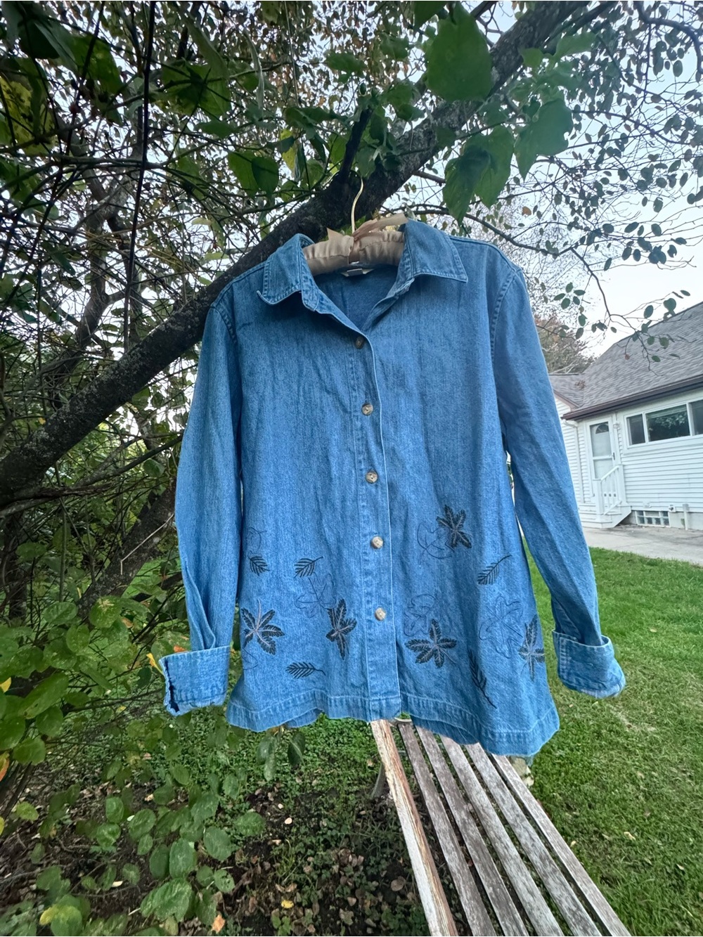 Christopher & Banks Blue Denim Button-Down Shirt with Floral Embroidery